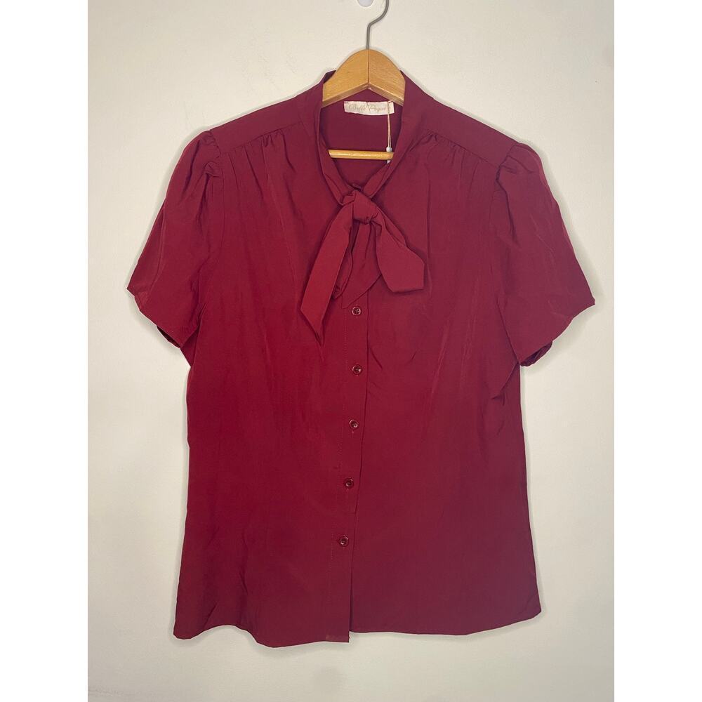 New Belle Poque Red Button Down Blouse Burgundy Holiday Party Short Sleeve Top L